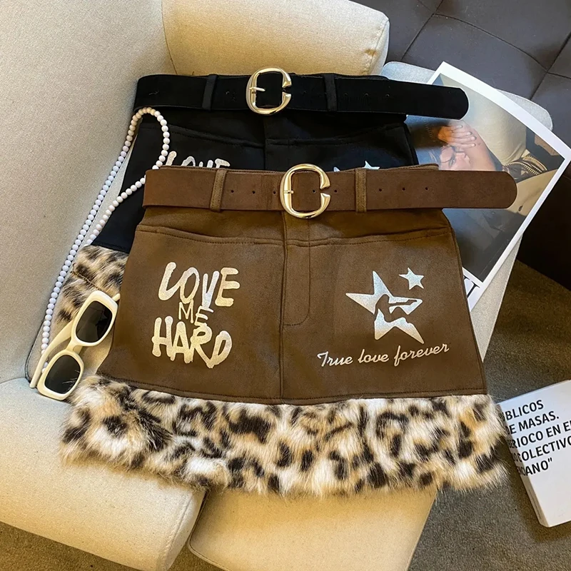 Y2K Subculture Mini Skirt Women Leopard Streetwear Letter Print Hottie Skirts Vintage Hairy Patchwork Belt Harajuku Sexy Skirts