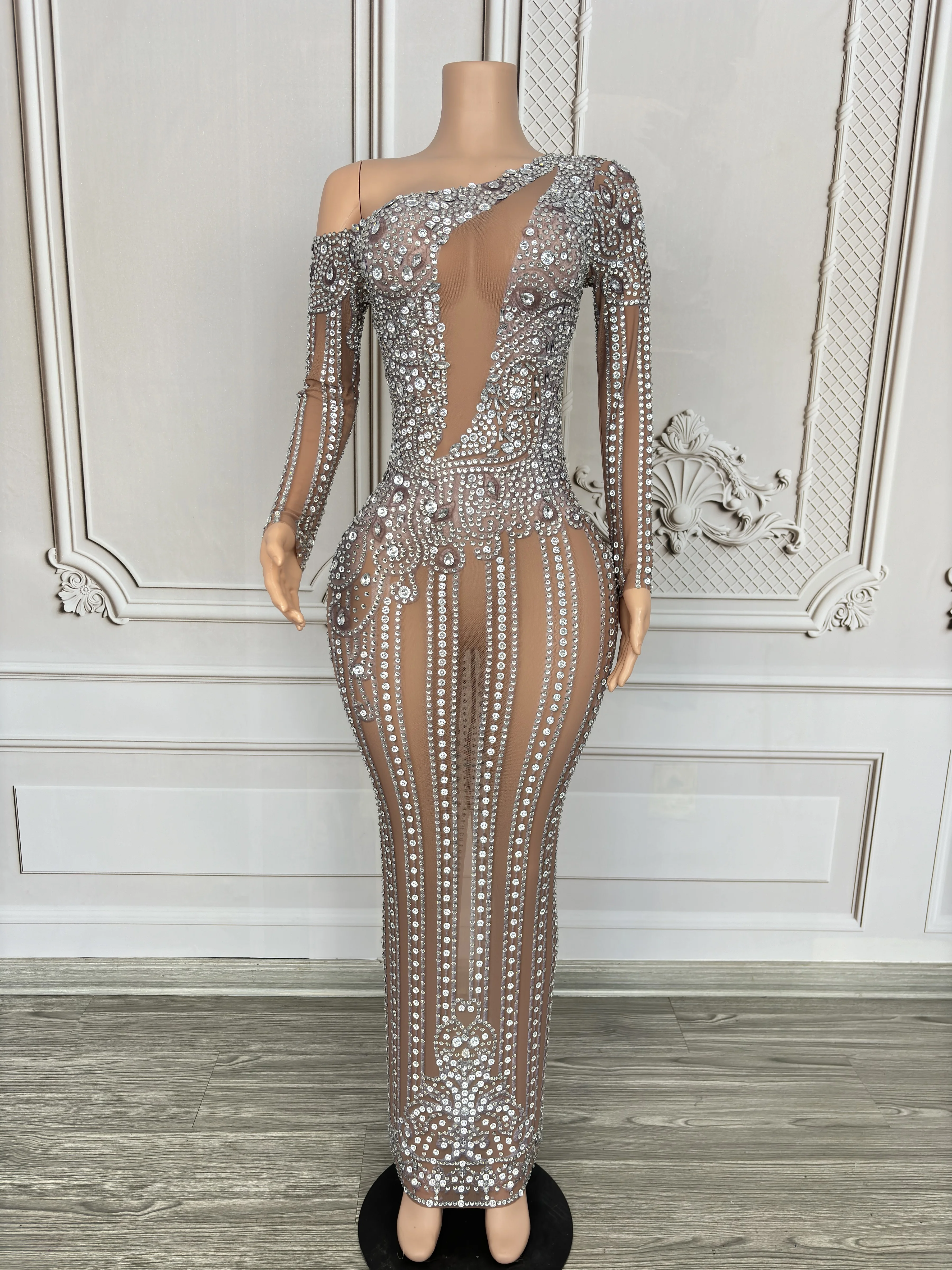 women Sparkle Rhinestones See through Luxury Long Dress Evening Birthday Celebrate Stage Performance Dancer Singer Show wear