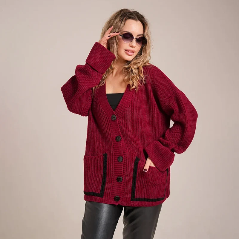

Chic Square Pockets Long Sleeve Cardigan Women Elegant Office Lady Commute Knittd Sweater Jacket Autumn Loose Warm Sweater Coat
