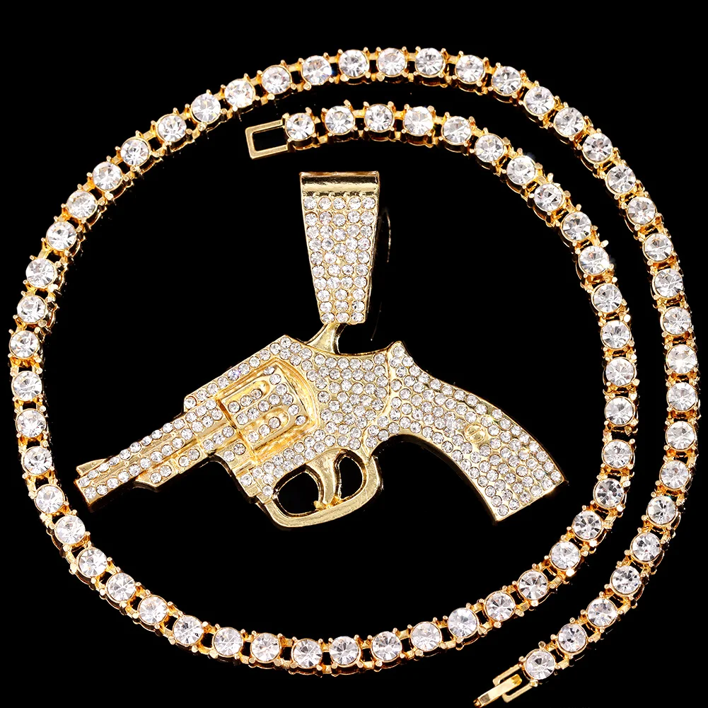Punk Hip Hop Micro Pave Pistol Pendant Necklace For Men Women Iced Out Bling Gun Necklaces Tennis Rope Cuban Chain Trend Jewelry view 2