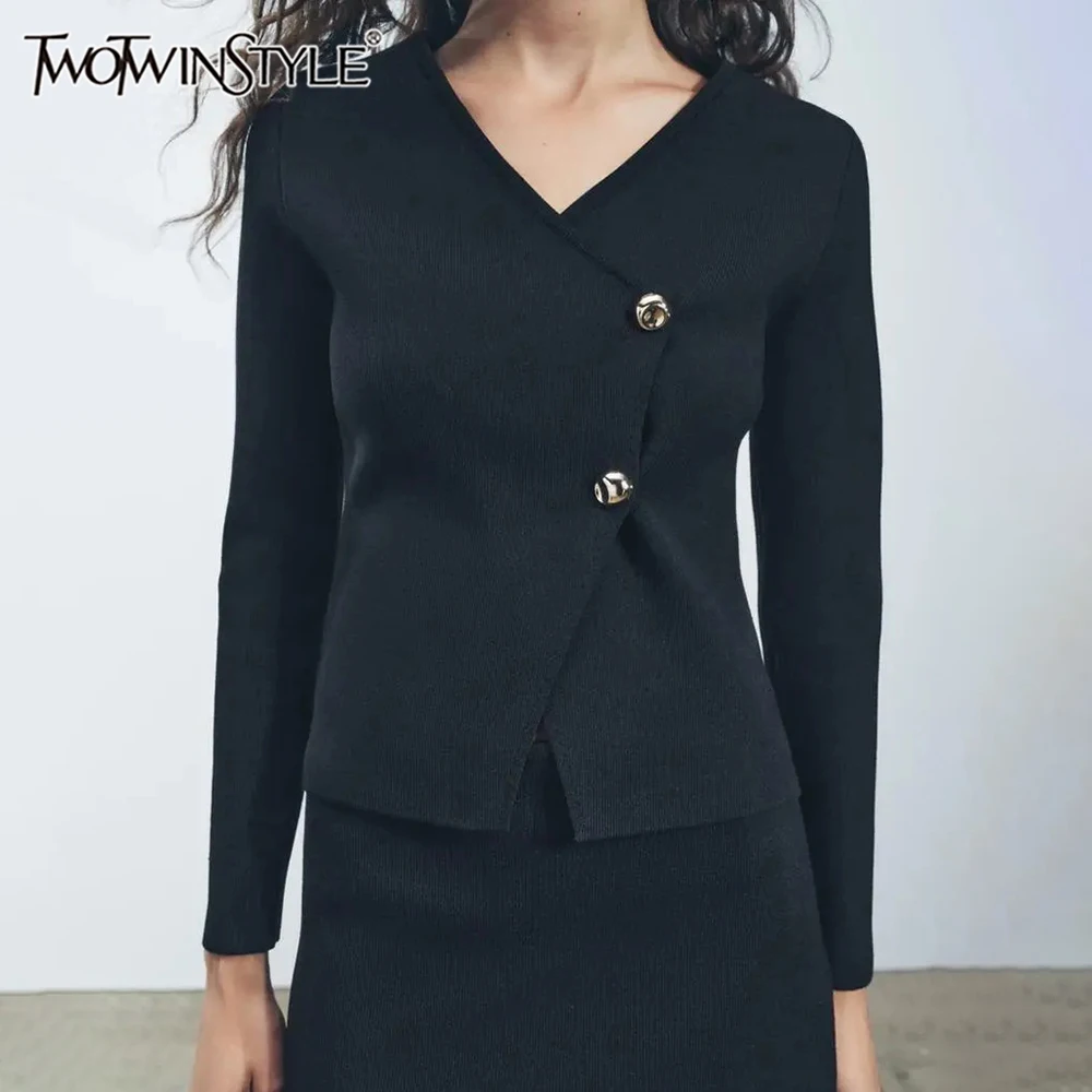 

TWOTWINSTYLE Solid Minimalist Coats For Women V Neck Long Sleeve Spliced Single Breasted Slimming Coat Female Fashion New Style