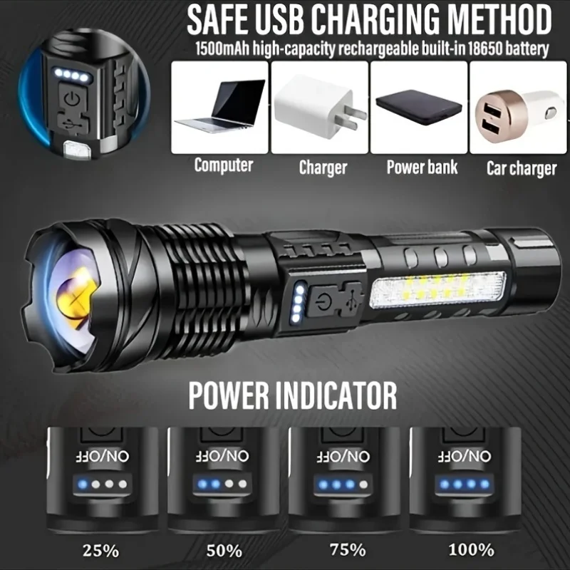 1 pezzo, proiettore torcia super caricata - batteria al litio, ricarica USB, multifunzionale con luci laterali, perfetto per il campeggio,