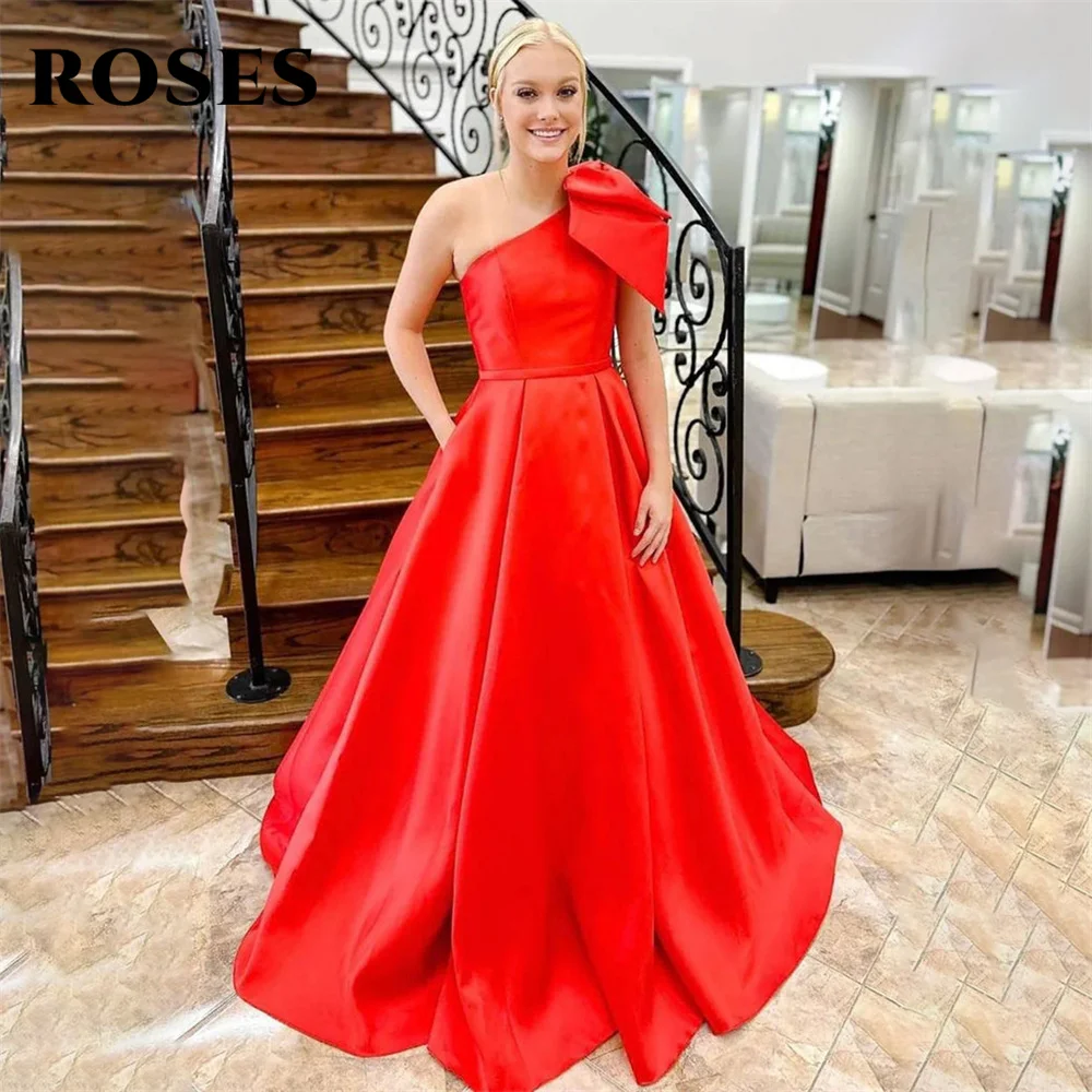 

ROSES Red Stain A Line Prom Dress One Shoulder Sleeveless Celebrity Dresses Pleat Bow Women's Evening Dress Formal Gown 프롬 드레스