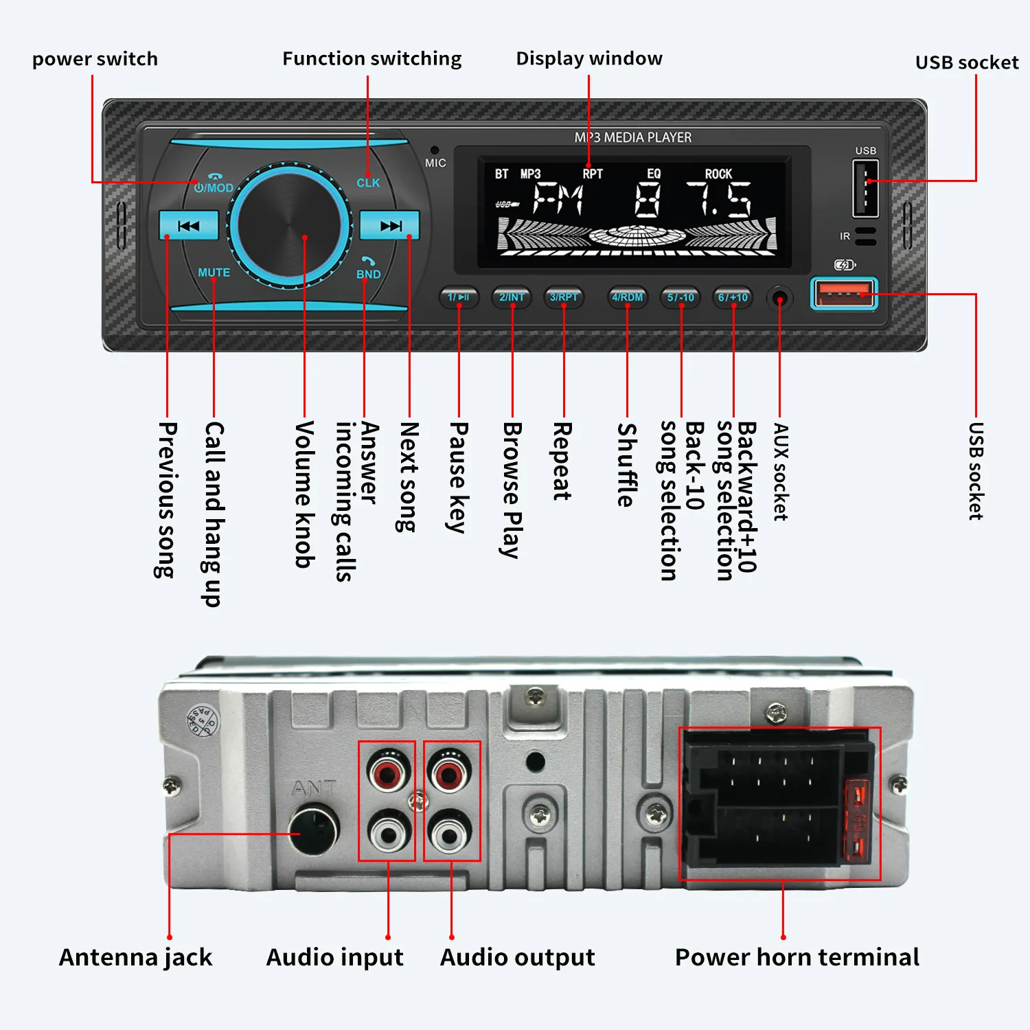 925 Lettore Mp3 per auto Stereo 60W*4 12V Autoradio USB/TF/FM/AUX Bluetooth Audio Radio