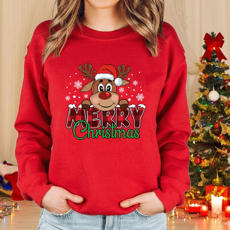 Christmas elk round neck pullover fall and winter women\'s casual long-sleeved cute Merry Christmas red sweater