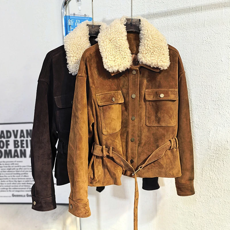Kurtka damska z prawdziwej skóry zamszowej, modna, wełniany kołnierz, jednorzędowa, z paskiem, dopasowany krój, krótkie płaszcze puchowe, Chaquetas De Mujer