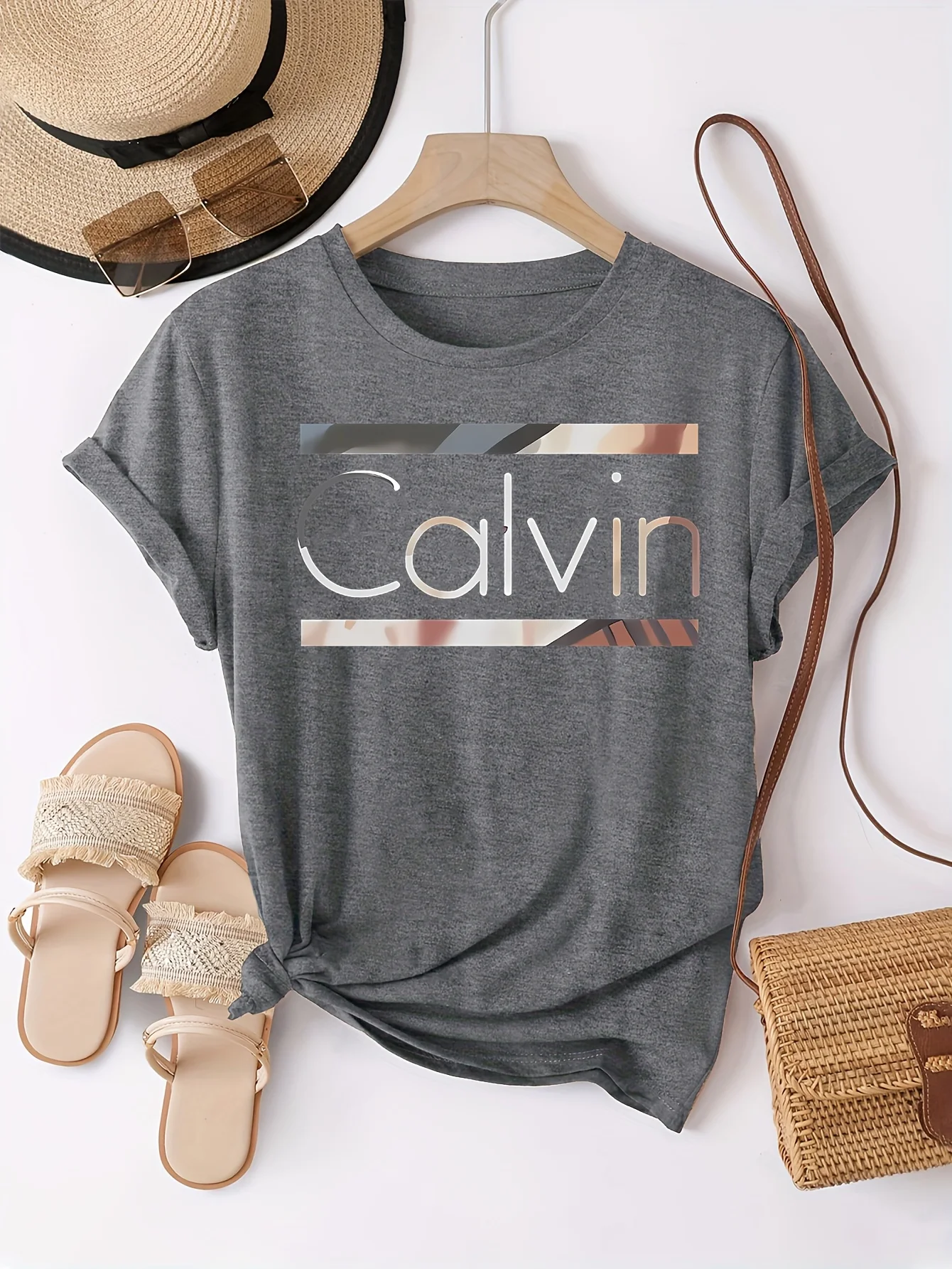 Women's Summer 100% Cotton Fashion Casual Calvin Letter Pattern Printed Loose Round Neck Short Sleeve T-shirt Top image 6