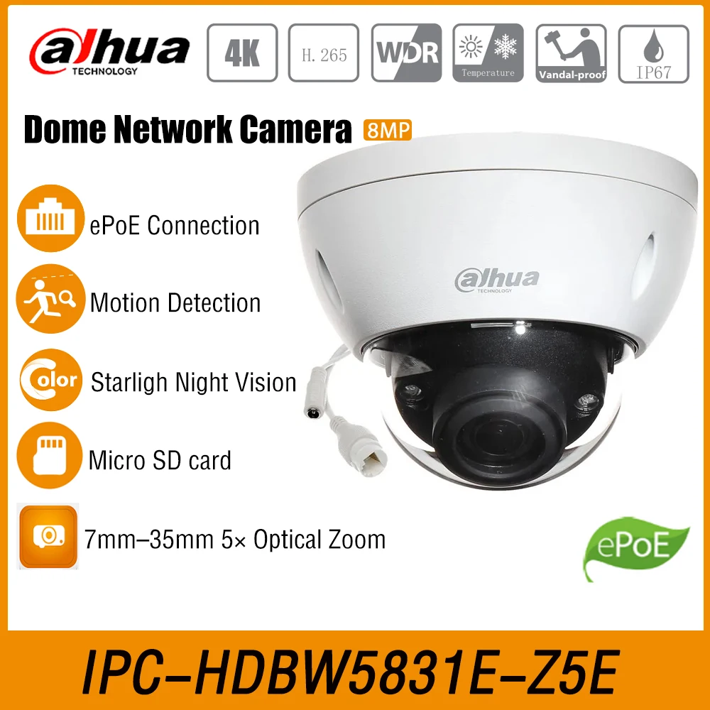 Dahua IPC-HDBW5831E-Z5E 8MP 4K 7-35mm 5X Motorized Zoom WDR IR100M Dome Network CCTV Security ePoE Surveillance Camera IP67 IK10