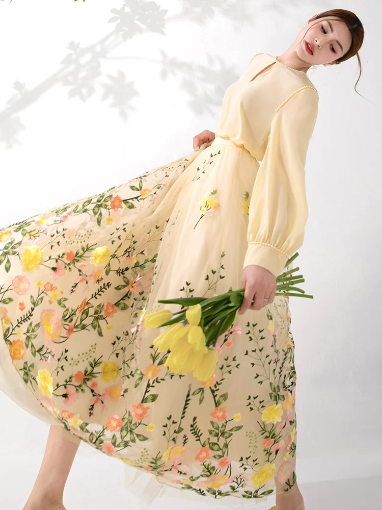 custom Elegant Light Yellow Floral Mesh Prom Dress 2pc Set A-lineEvening Party Gown with Long Sleeves Beach Evening  