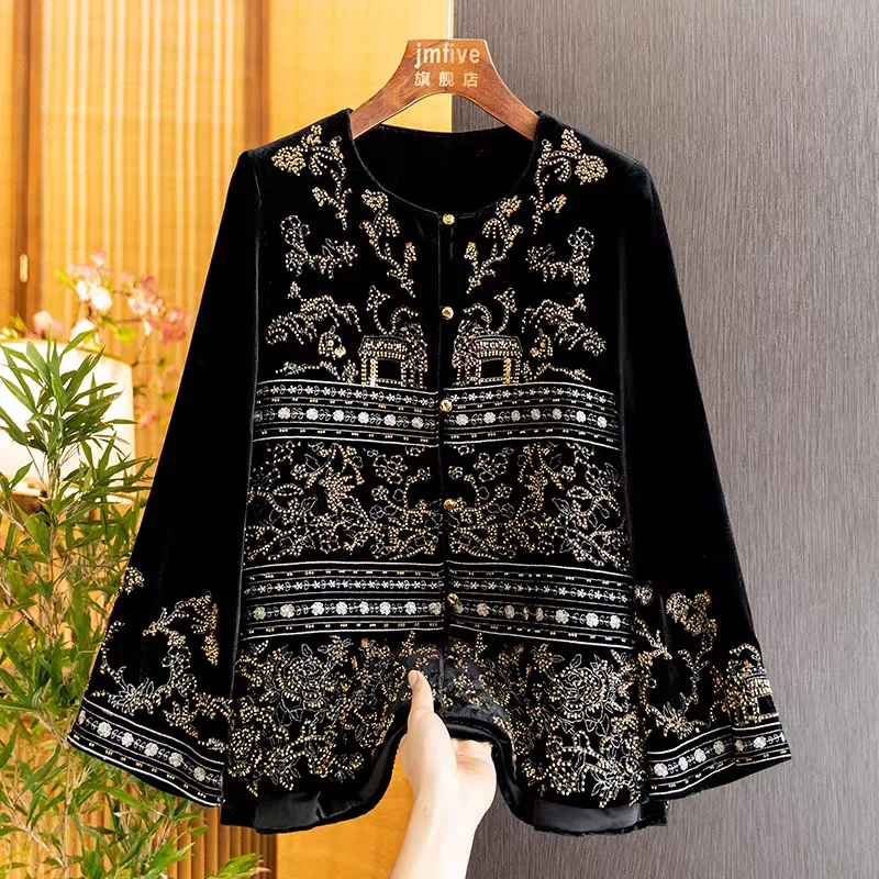 

Высококачественное весенне-осеннее новое шелковое бархатное пальто в китайском стиле с воротником-стойкой, элегантное пальто с цветочной веткой + блестящая куртка с бисером, S-XXL