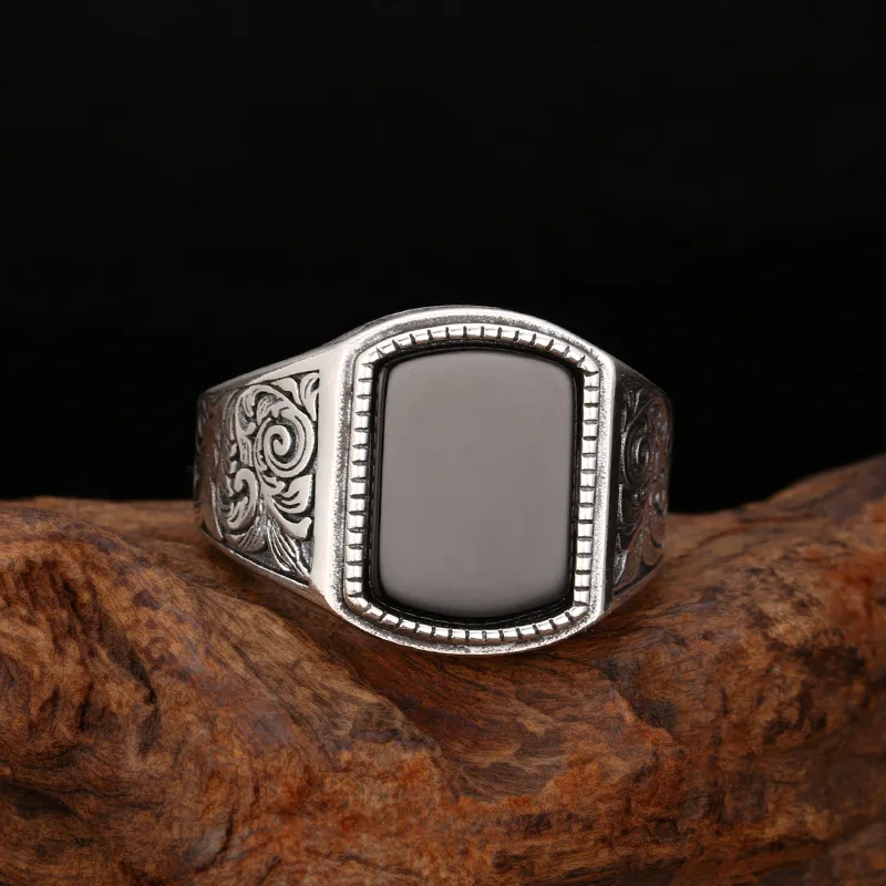 S925 Sterling Silver Black Agate Adjustable Ring Punk Style Old Process Free Size Women Leaf Fine Jewelry FYRNG164