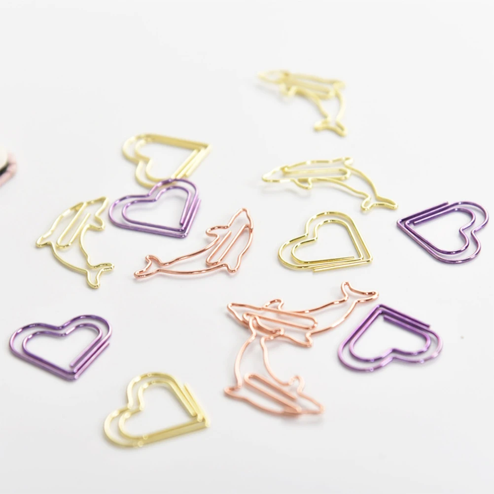 20 قطعة مشابك ورق كرتونية معدنية على شكل دولفين مشابك مرجعية باللون الذهبي الوردي للملاحظات والصور والمكتب منظم المدرسة المشبك