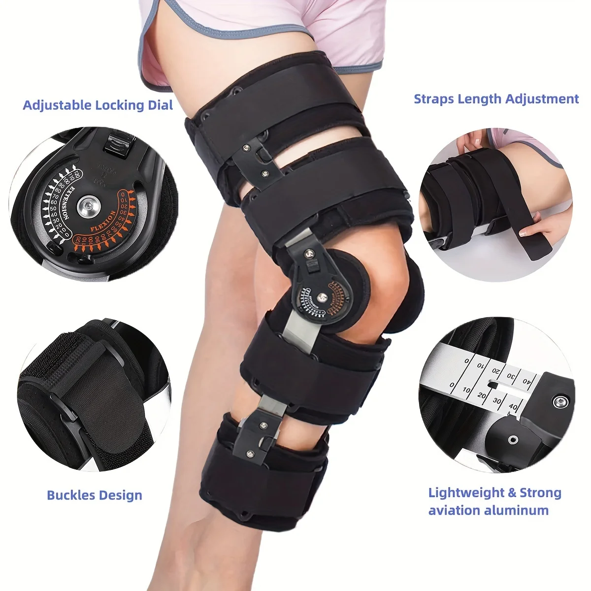 Adjustable Hinged Knee Brace with Button Lock, Sponge‑Lined Knee Support for Knee Joint Stability, Adjustable Straps 56cm‑66cm