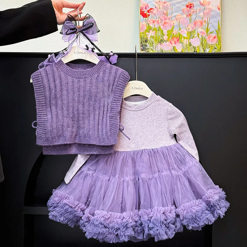 

Princess-Style Girls Dress Cute Knitted Sweater Dress Long-Sleeved Two-Piece Skirt Set Fashionable Birthday Children's Clothing