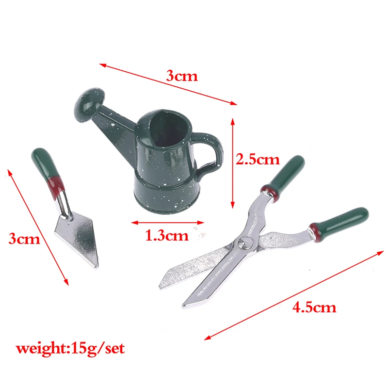 3Pcs/set Dollhouse Miniature Gardening Tools（Watering Can + Scissors + Shovel）mini Simulation Metal Doll House Decor Accessories