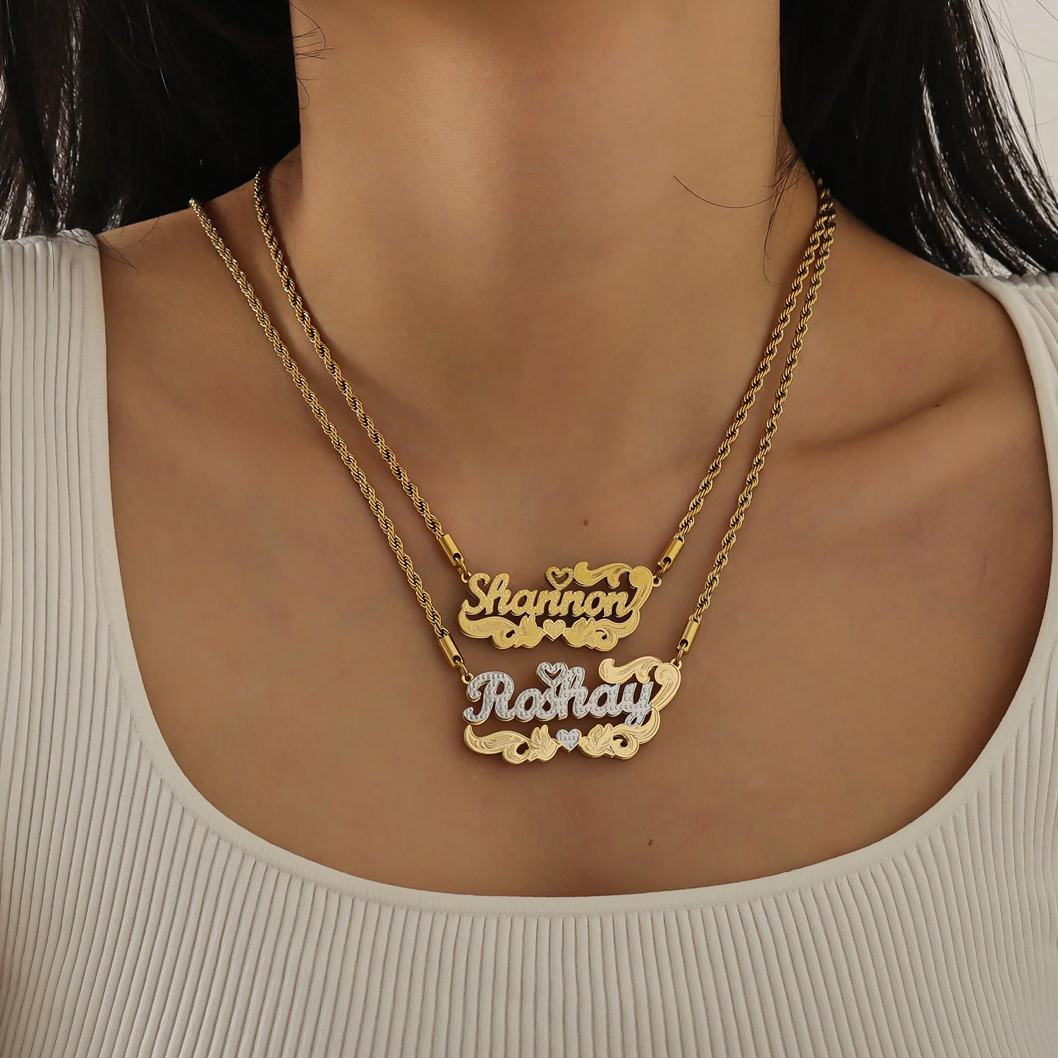 Custom Double Layer 18KGold Plated Name Necklace Pattern For Women Personalized Stainless Steel Name Pendant Chain Jewelry Gift