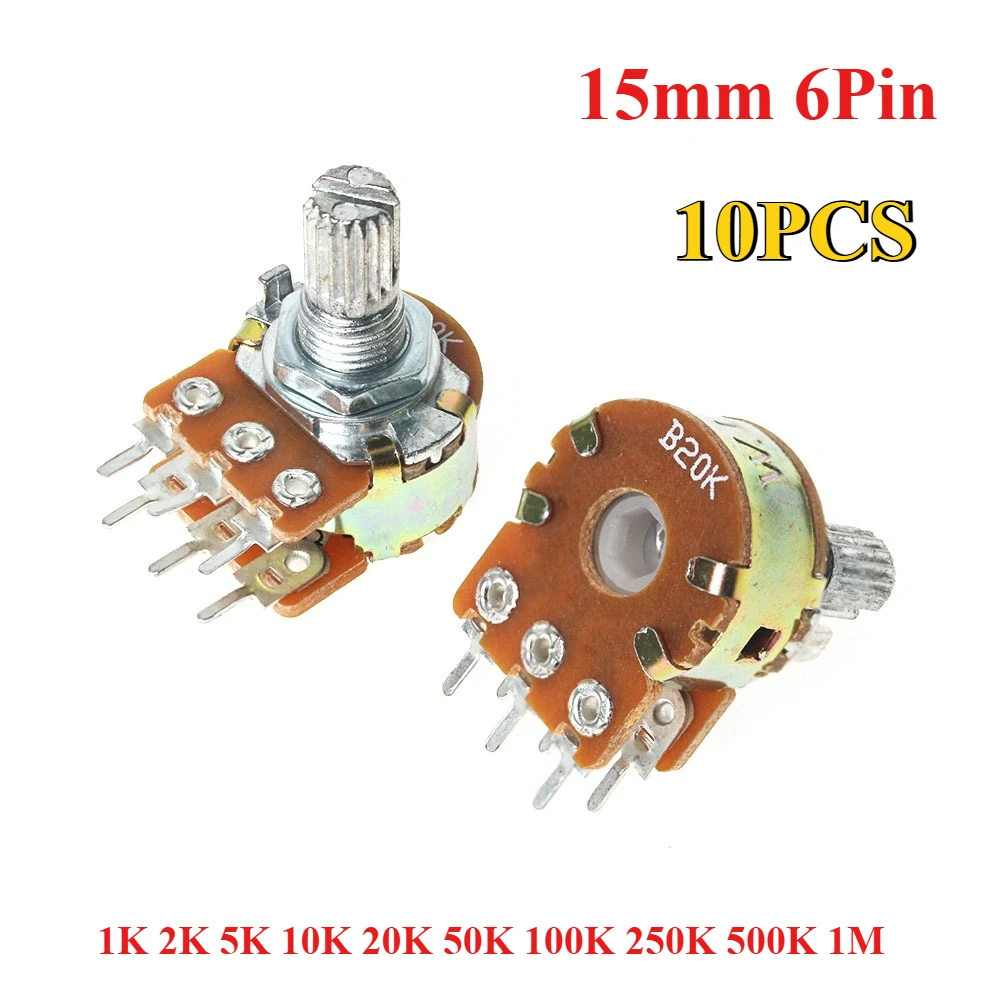 

10PCS WH148 Potentiometer 6Pin 15mm Shaft with Nuts and Washers Rotary Potentiometer B1K B2K B5K B10K B20K B50K B100K B500K B1M