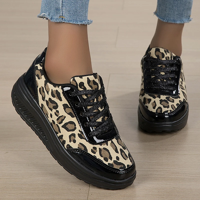 Platform Casual Sport Shoes Lace Up Women's Leopard Print Sneakers Wedge Non Slip Ladies Vulcanize Leisure Shoes