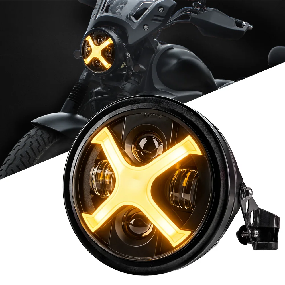 

7" Round Motorcycle LED Headlight with Housing & Bracket, Amber X-Shape Turn Signal DRL, Universal Fit for Harley & Custom Bikes