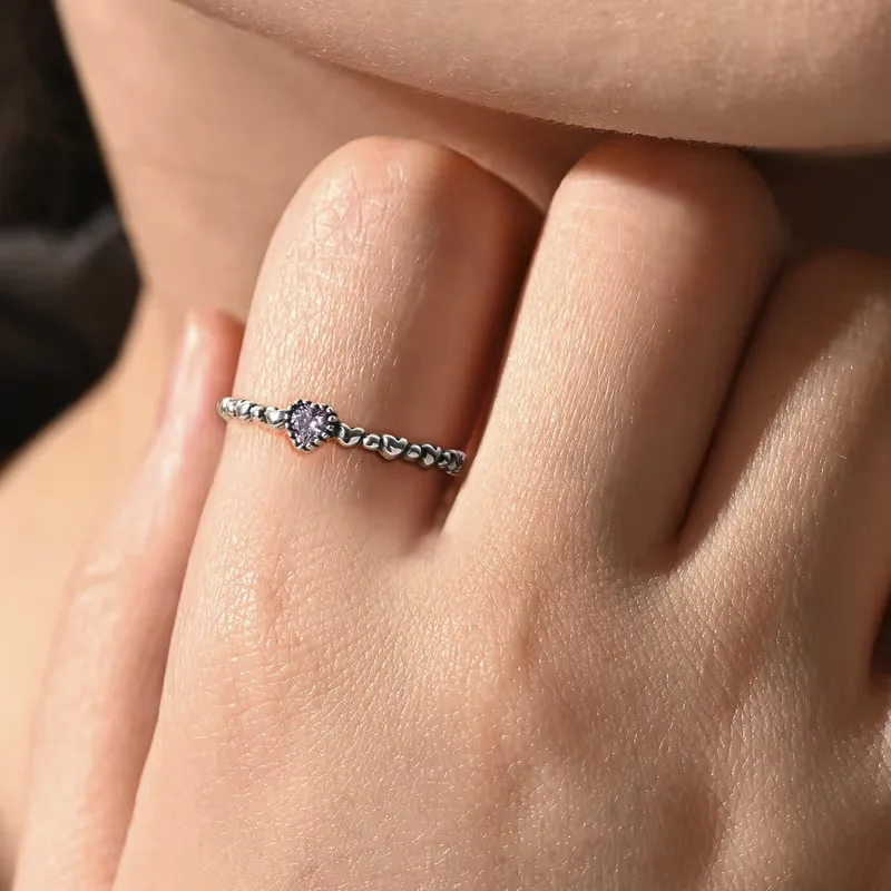 Retro Thai Silver Horseshoe-shaped Diamond Ring With Simple Ball-edge And Pink Shiny Heart-shaped Ring For Women