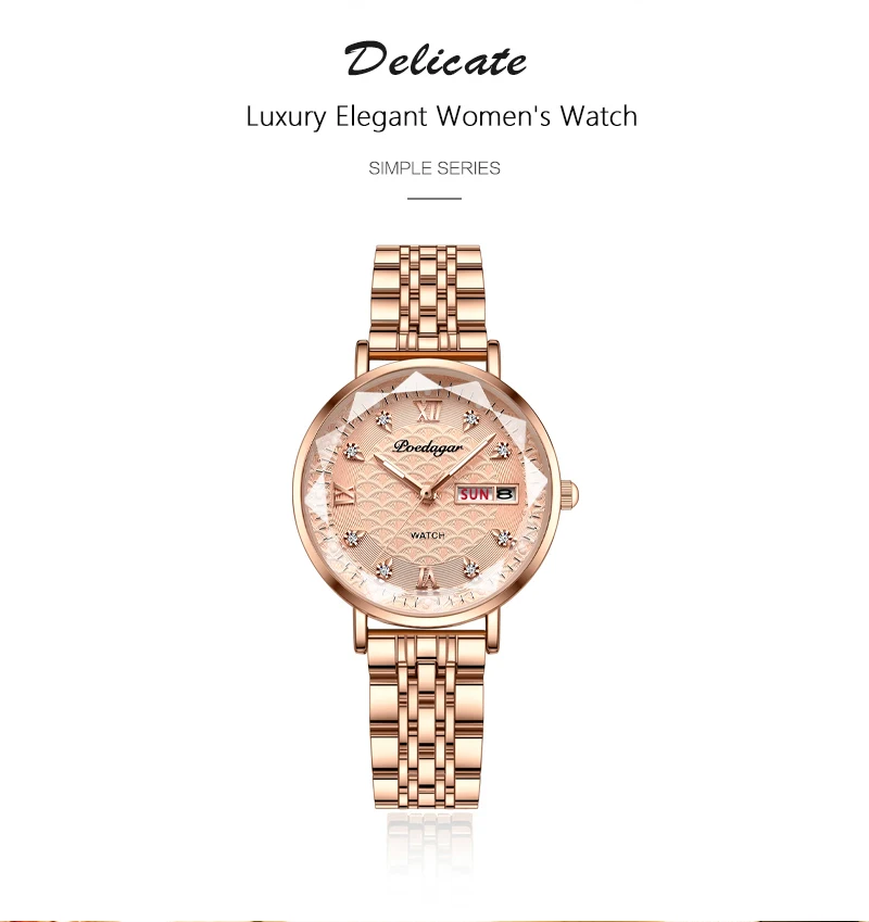POEDAGAR Uhr Frauen Neue Mode Luxus Edelstahl Armbanduhr Armband Einfache Rose Gold Wasserdicht Leucht Damen Uhren – Detail 3