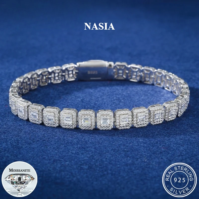 NASIA Square Iced Out Moissanite Tennis Bracelet for Women Men 925 Silver Sugar Chain Bracelet Fine Party Jewelry Gifts 2026