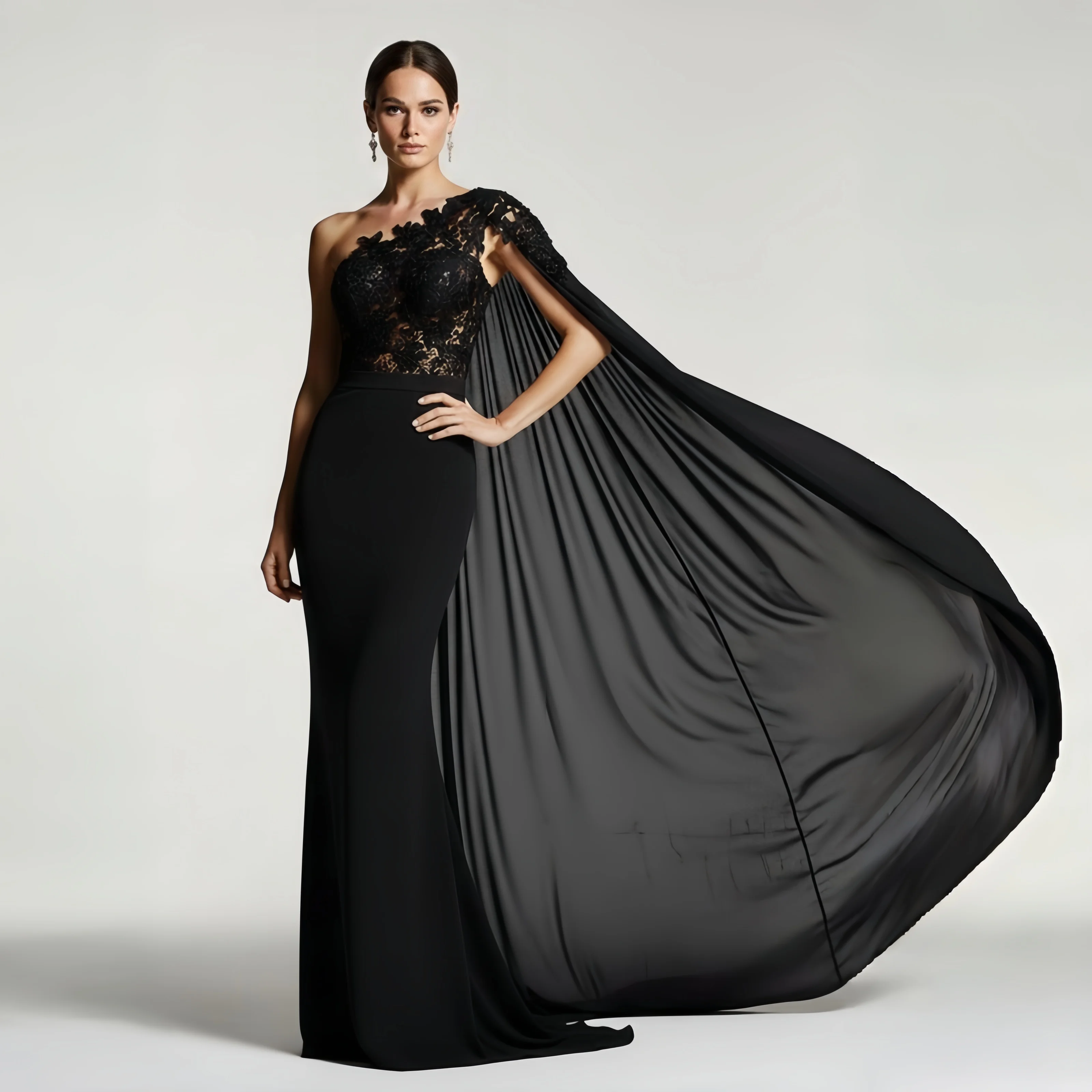 One Shoulder Cape Evening Gown 3D Floral Lace Appliqué Mermaid Black Floor Sweeping Dress Dubai Arabic EID Banquet Party Custom