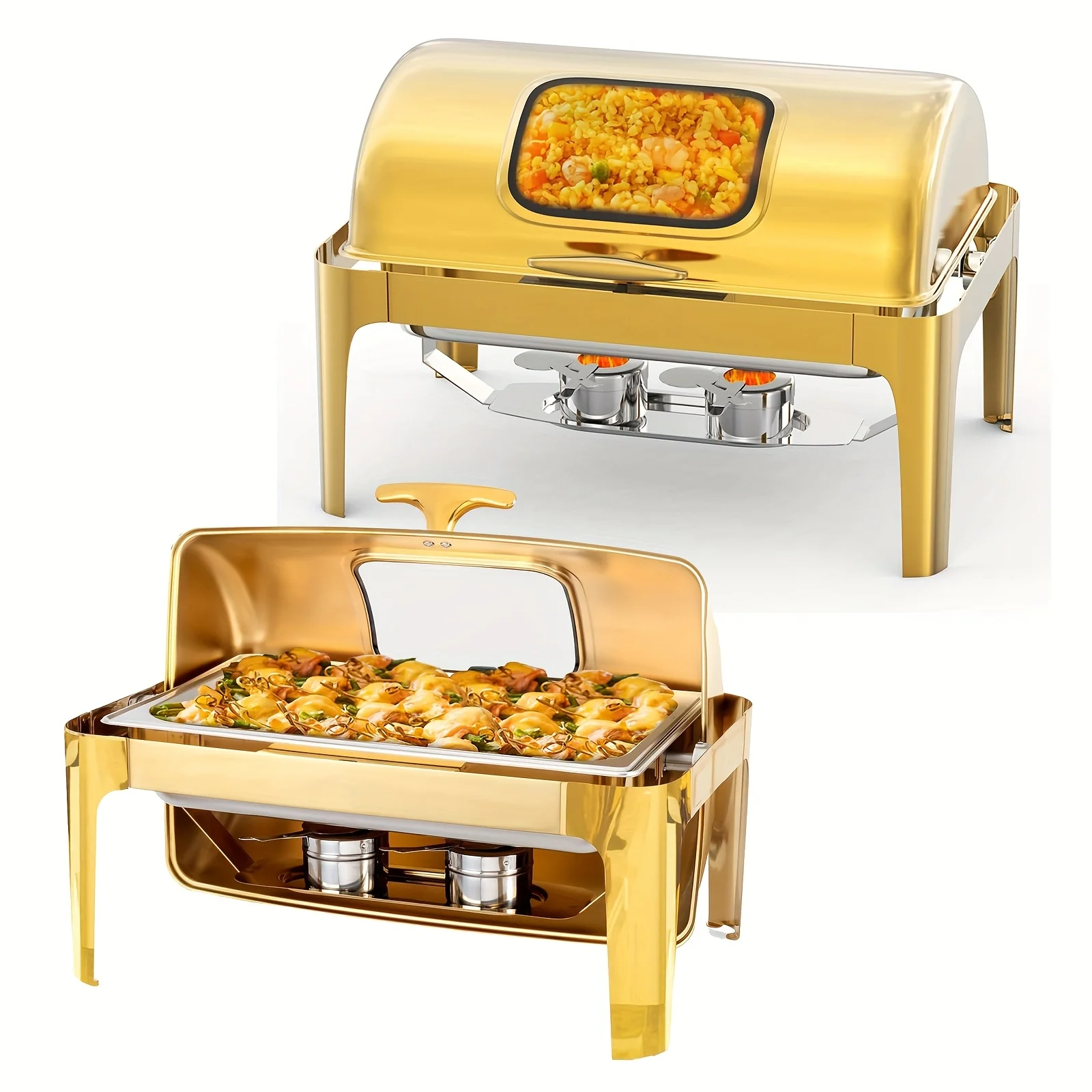 

9QT Roll Top Chafing Dish Buffet Set, Golden Rectangular NSF Stainless Steel Buffet Warmer Chafers, Buffet Warmers Sets with Thick Frame for Catering Events Parties Weddings Banquet Dinners, Golden, Only for Cooking