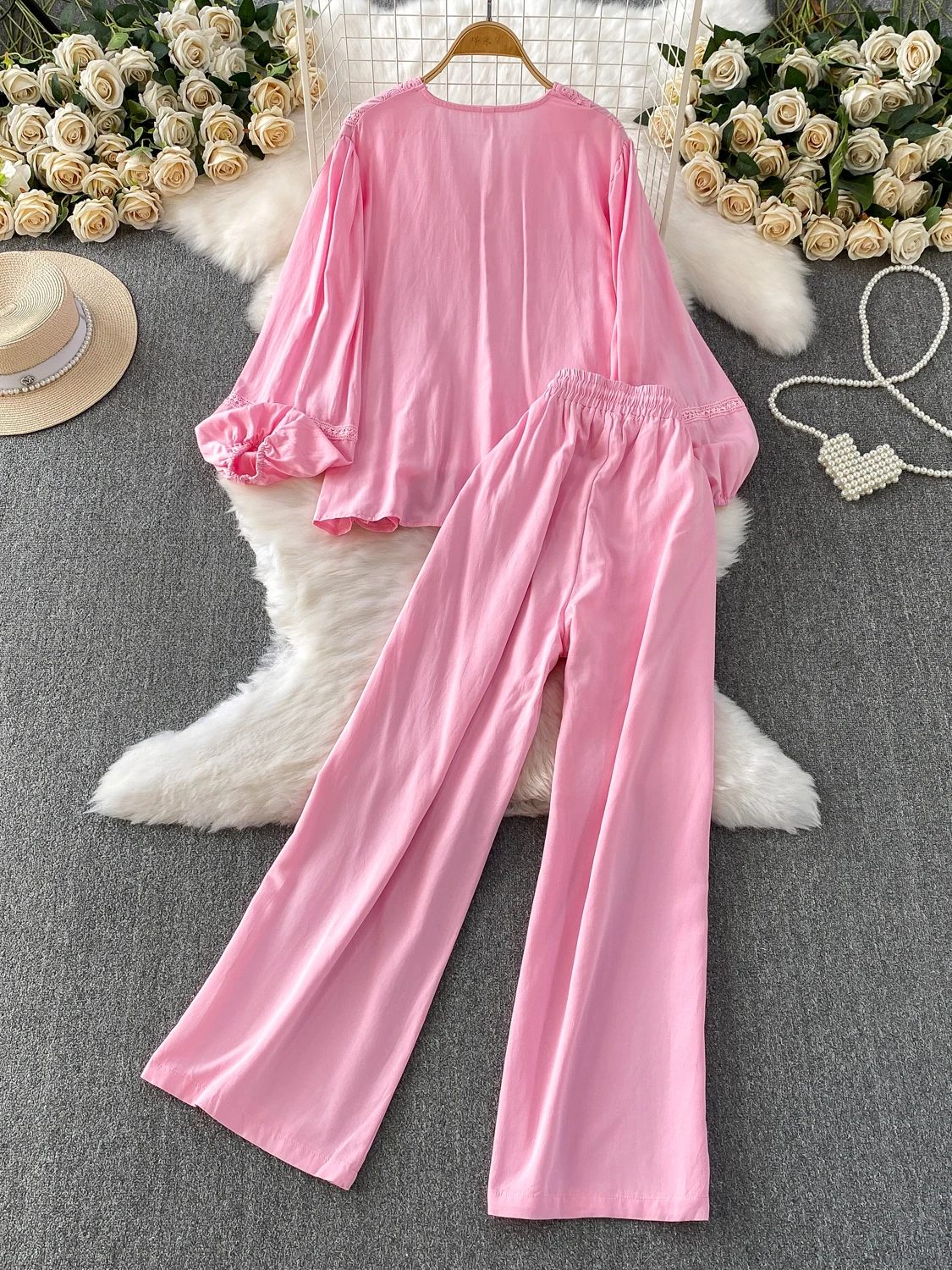 الوردي الثقيلة التطريز الدانتيل لصق عارضة عالية الخصر ضئيلة واسعة الساق السراويل مجموعة مع فانوس Sve irt لطيف الرياح Sle #4