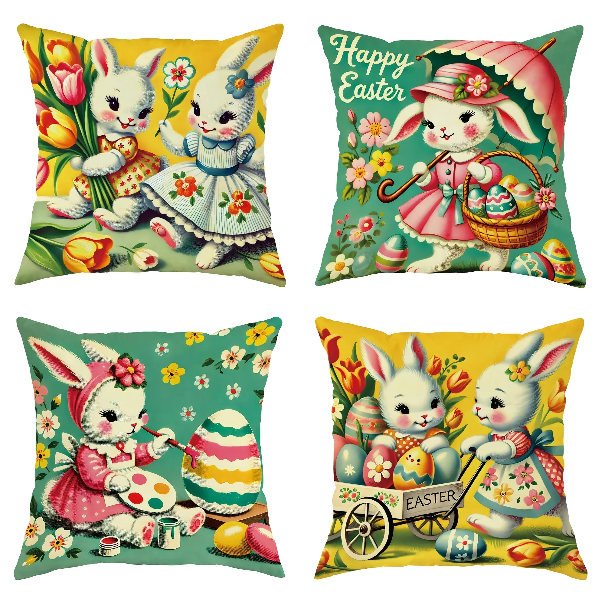 4pcs Easter Decoration Set Featuring Bunny and Egg Designs, with Floral Patterns on Throw Pillow Covers