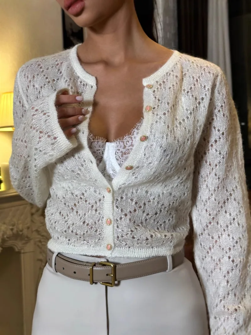 

Вязаный кардиган с вырезом, блузка, повседневная женская однобортная блузка с длинным рукавом и круглым вырезом, короткие топы, модная женская повседневная уличная одежда