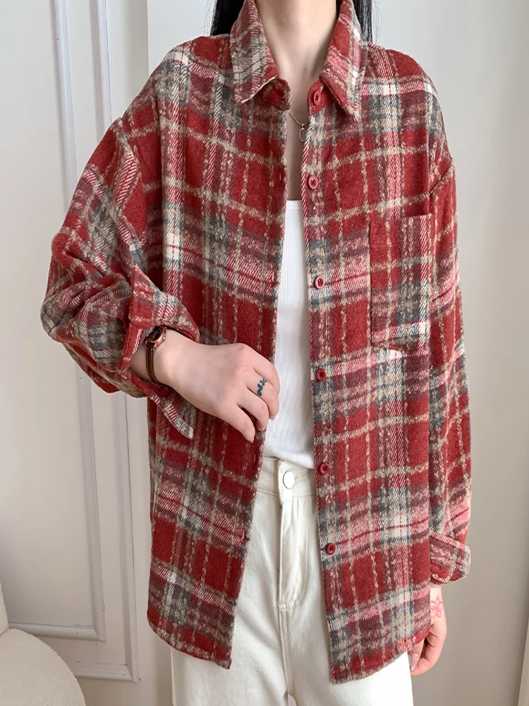 새로운 패션 가을 겨울 캐주얼 루즈 긴 소매 여성 체크 셔츠, 빈티지 여성 스트리트웨어 코트, 여성 의류, 시크 탑스