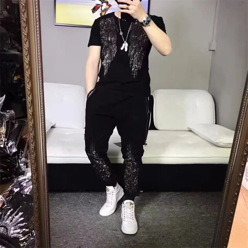 Hot New Fashion Drilling Design Spring And Summer Casual Simple Men's Sportswear T-shirt+Trousers Two-Piece Cotton Top Quality