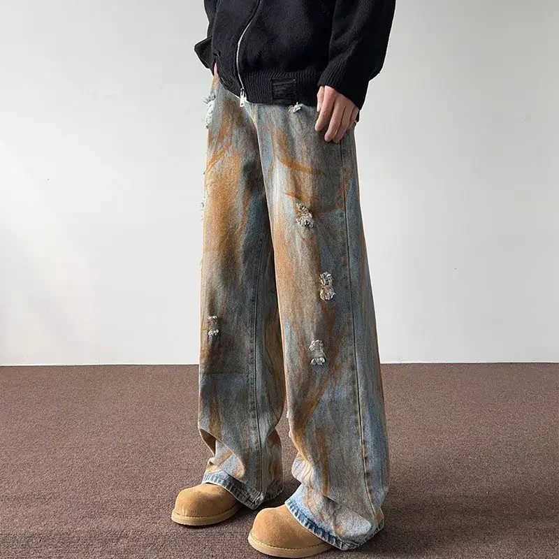 Men's trousers summer thin tie-dyed ripped jeans men's loose straight washed distressed high street American men's trousers