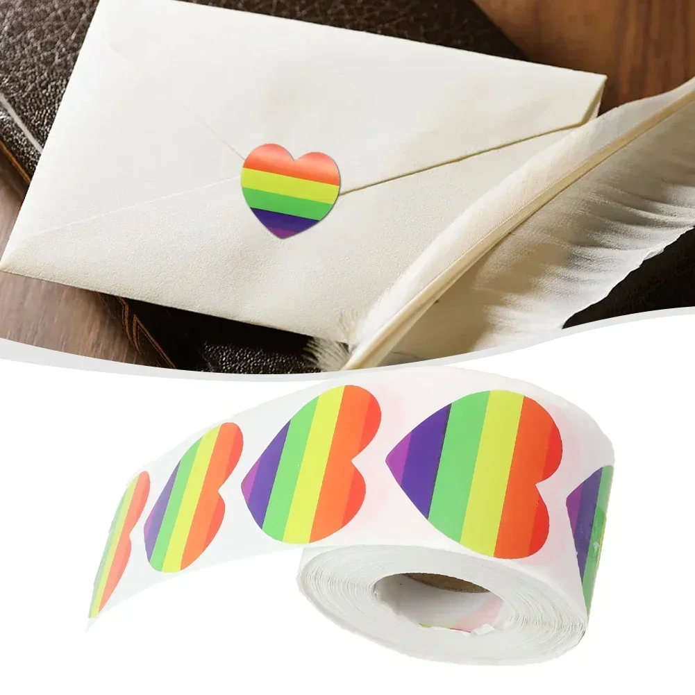 1 Roll 500pcs 2.5cm/3.8cm Diameter Pride Stickers Rainbow Heart Shaped Labels Adhesive Stickers Home Decoration Stickers