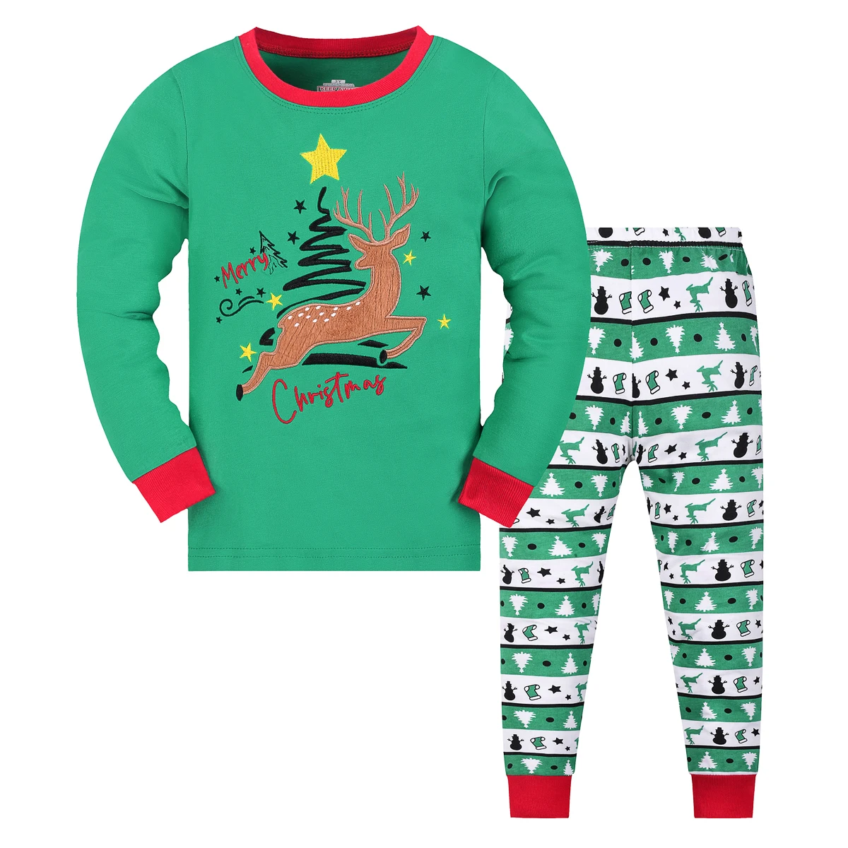 1615 flammhemmendes, langärmliges und langes Hosen-Pyjama-Set mit weihnachtlichem Hirschmuster, geeignet für Jungen im Alter von 2 bis 9 Jahren