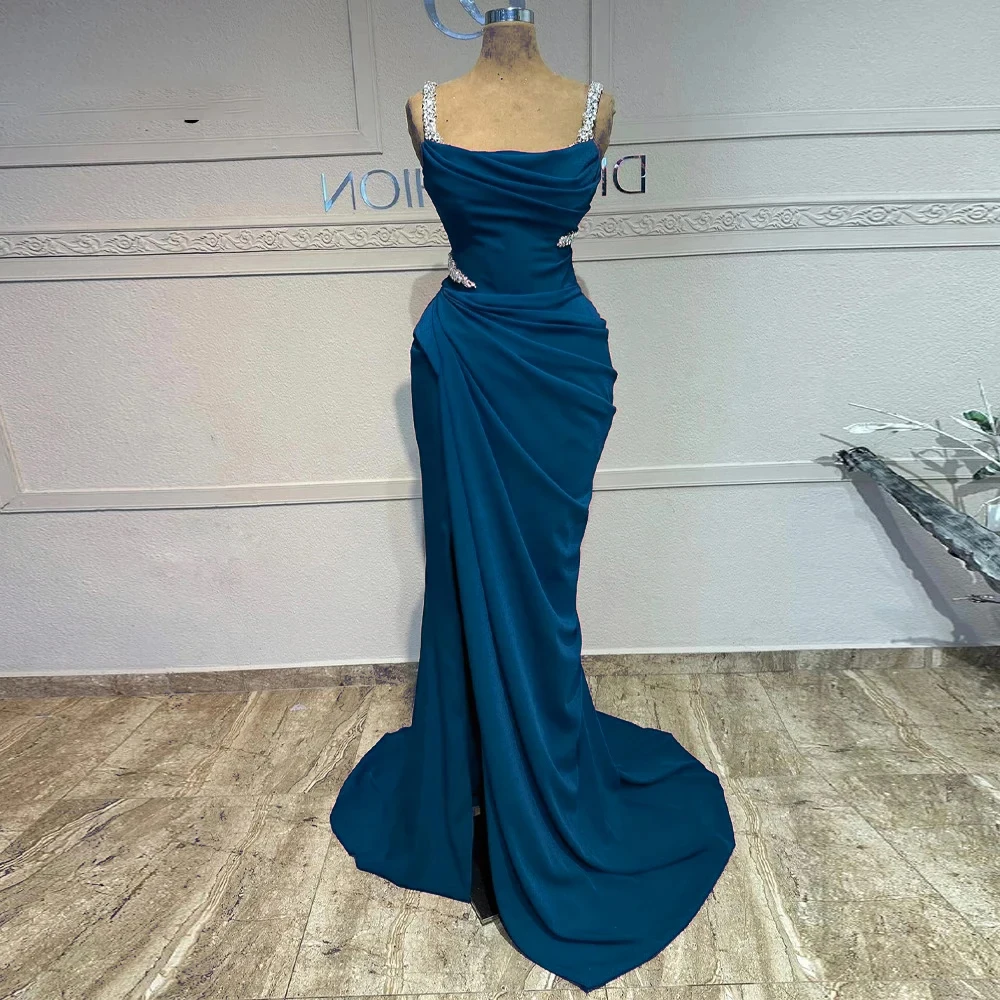 Customized Evening Dresses  Classic Formal Intricate Jersey Ruched Pleat Straight Spaghetti strap Long Dresses High quality