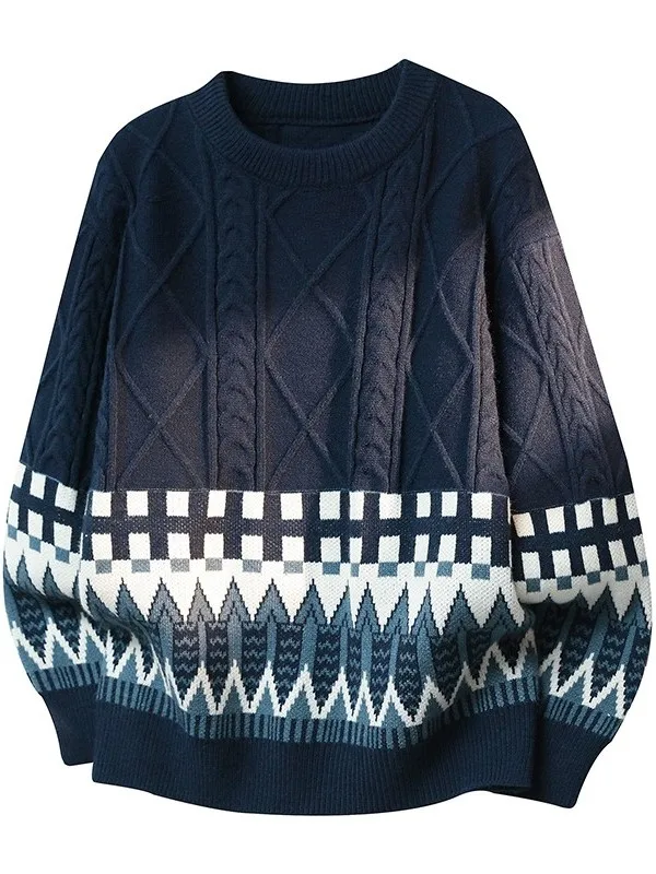

Men's Thiened round Ne Knitted Sweater Winter Warm Loose Fit Casual Sle Long Sve Top Geometric Pattern Student Faion