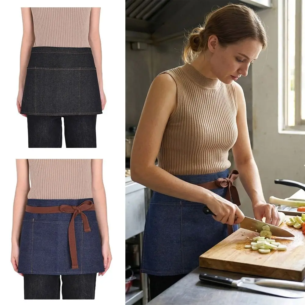 Workwear Cotton Denim Denim Apron Multiple Pockets Unisex Short Apron Denim Half Apron Cooking