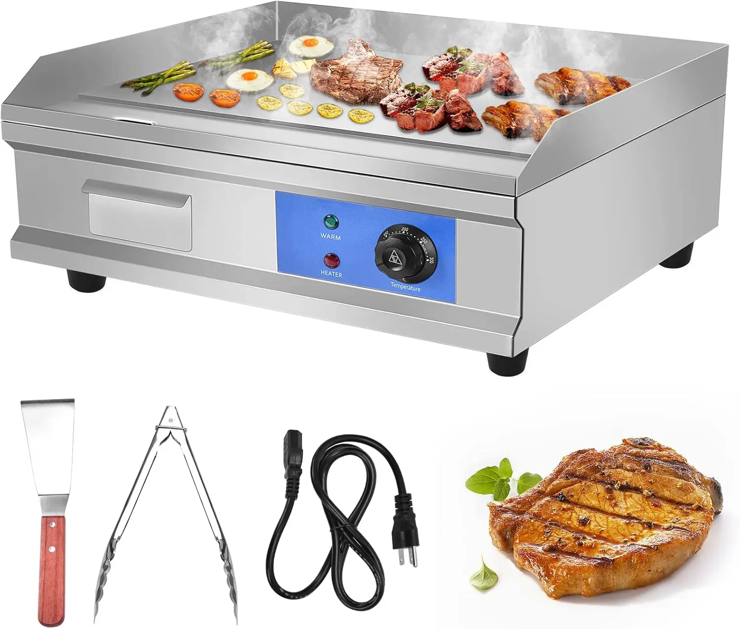 Flat Top Griddle Grill Non-Stick Commercial Restaurant Teppanyaki Grill Stainless Steel Tabletop Flat Top Grill Machine with Adj