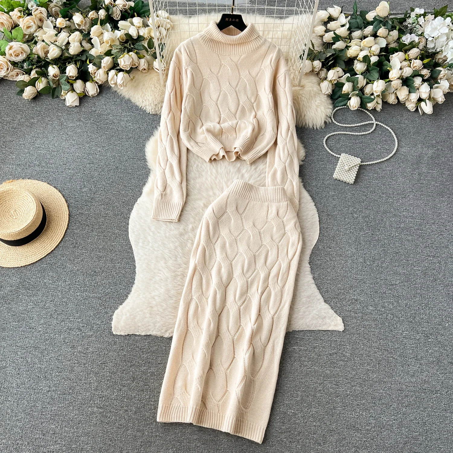 

Chic vintage Knit Turtleneck loose solid dress Elegant Fairy korean fashion women clothing dress Two Piece Set
