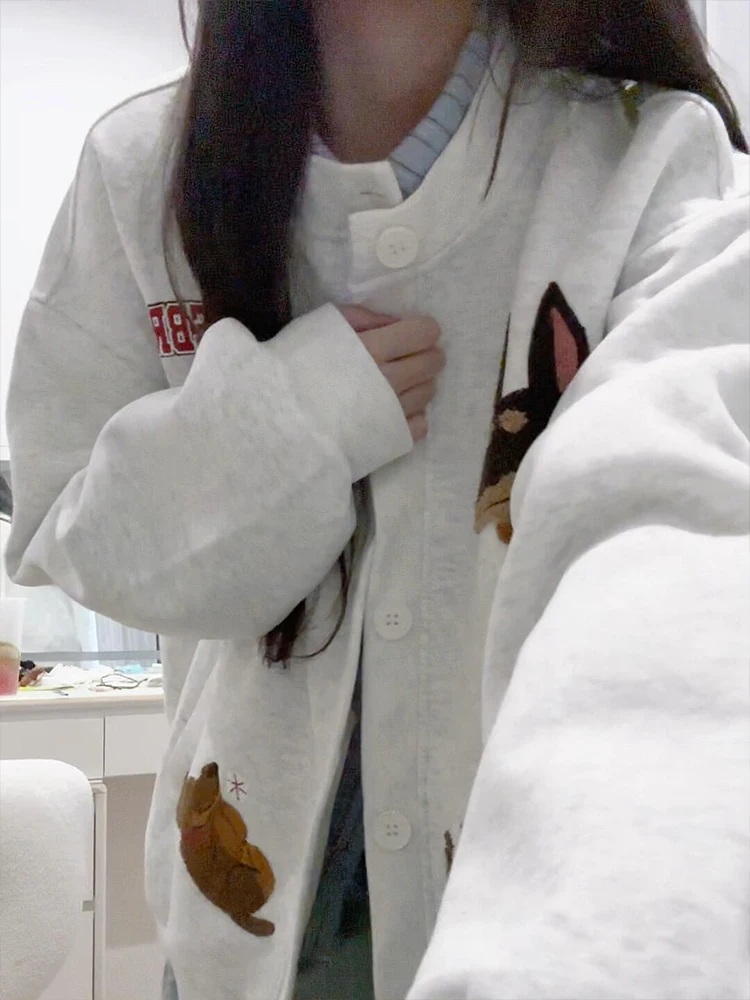 Koreaanse Lazy Sle Leuke Cartoon Hond Borduren Sweatshirt Jaet Dames Lente Herfst Losse Casual Paar Open Vest Top