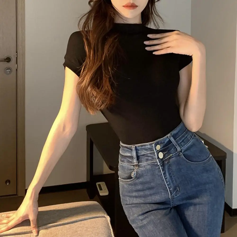 

Round Neck T-shirt Elegant Women's Slim Fit Tee Shirt with Half High Collar Short Sleeves Soft Stretchy Solid Color for Daily