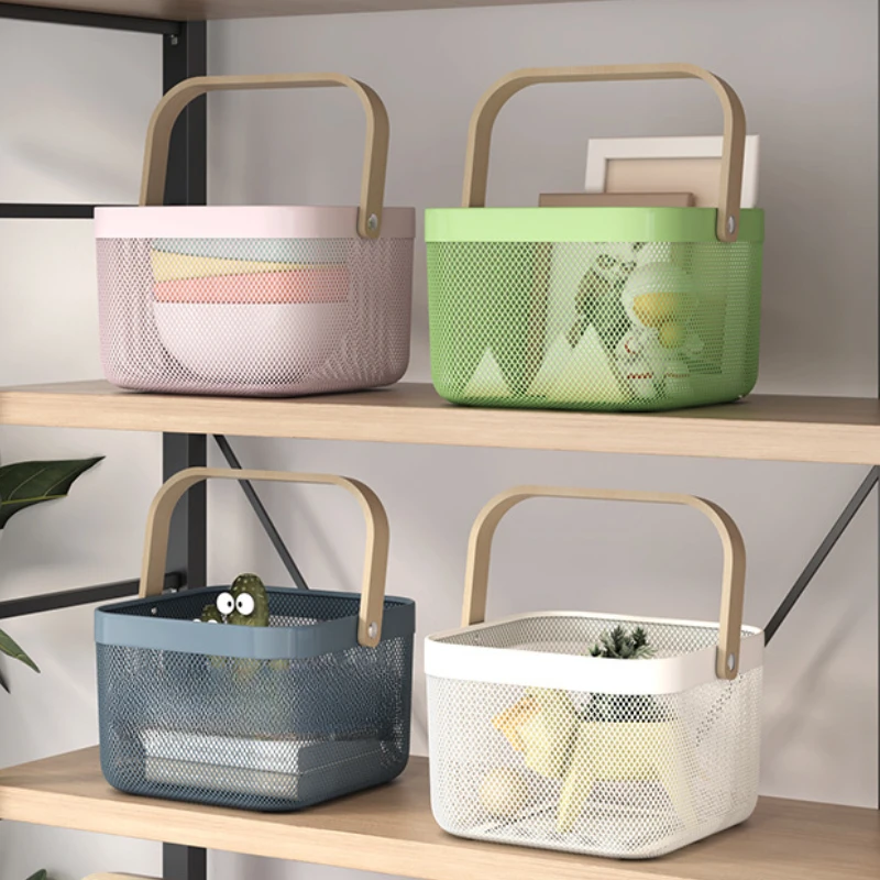 

Nordic Hollowed Out Draining Fruit Basket Wooden Handle Hand Held Storage Basket for Home Kitchen Vegetable Snack Basket