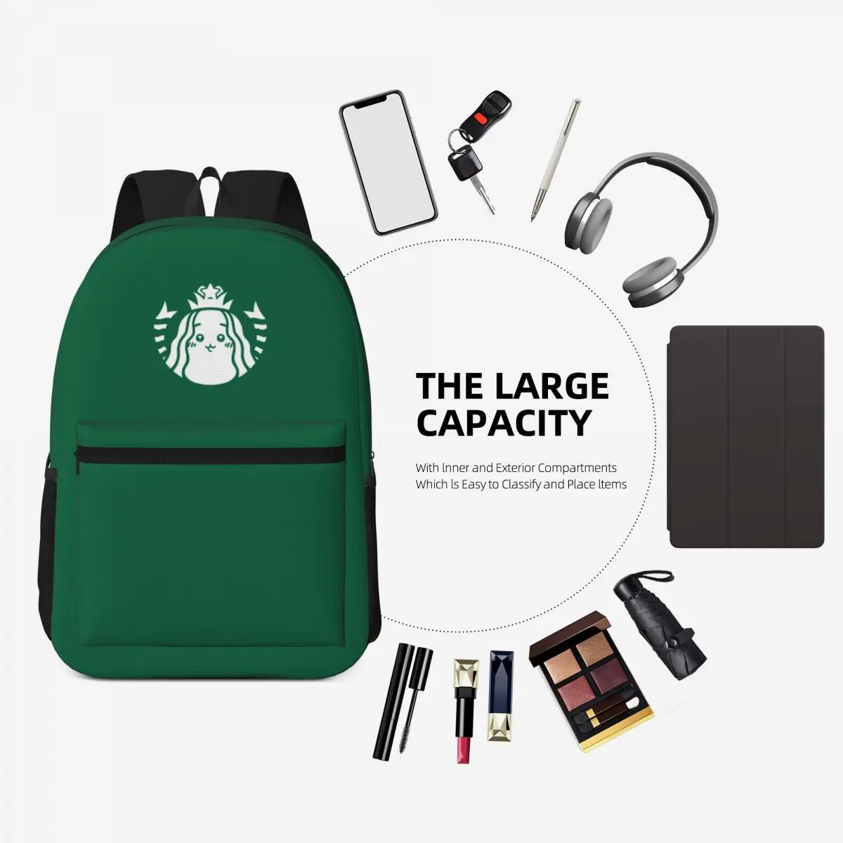 Starbucks-Green Solid Color Fashionable and avant-garde, fully printed, comfortable student backpack for carrying.