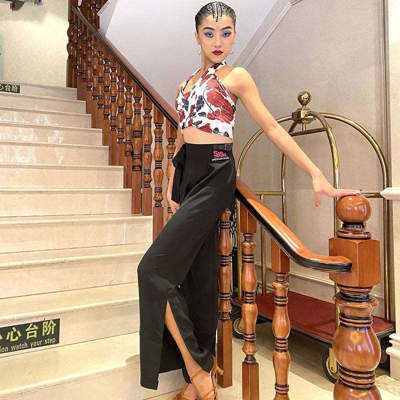 

2023 Latin Dance Performance Costumes Sling Tops Split Pants Suit Chacha Rumba Tango Dress Girls Latin Dance Clothing DN15808