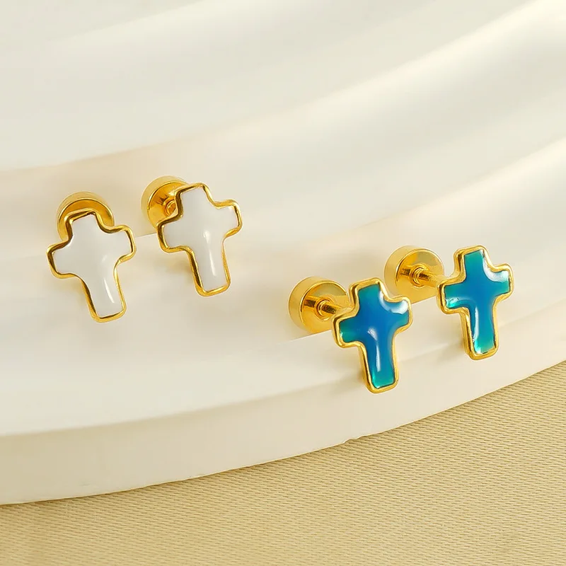 

10PCS 2024 Hot Selling Simple Cross Earrings Women's Stainless Steel Stud Earrings Trendy Jewelry Gifts Accessories Wholesale
