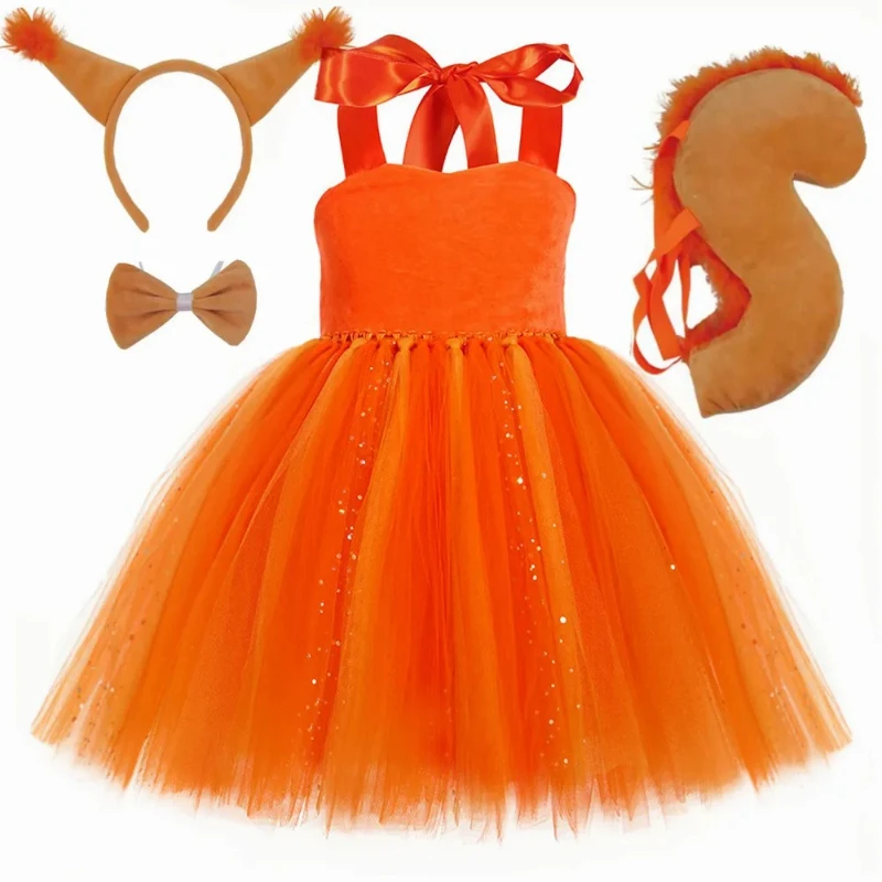 Girls Squirrel Costume Girls Orange Animal Themed Tulle Tutu Dress for Girls Toddler Halloween Carnival Party Dress Up Clothes