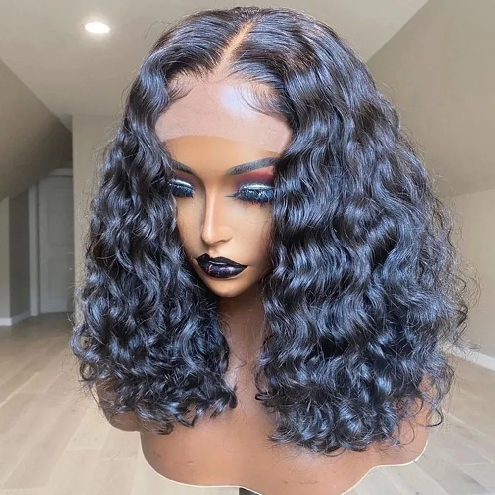 Brazilian 4x4 Deep Wave Front Wig Human Hair Wigs Short Wigs Human Hair Curl Bob Wig PrePlucked Hairline Wig For Women Sale 200%