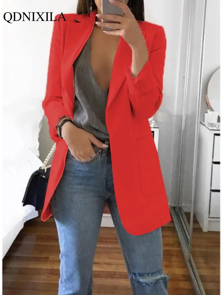 2024 Spring New Women\'s Jacket Pink White Long Blazer Oversize Elegant Fashion Casual Office Wear Female Slim Cardigan Suit Coat